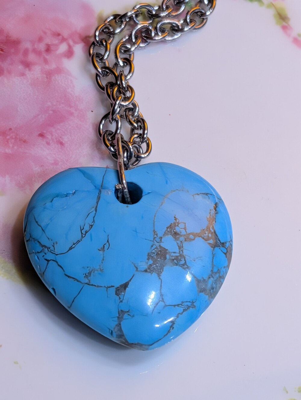 Turquoise Howlite Heart Pendant Necklace 23" Long